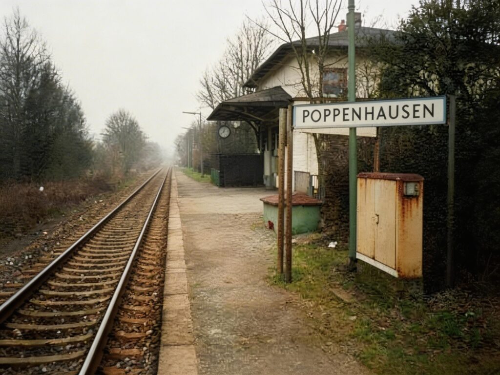 Zughaltestelle Poppenhausen mit Gleisen und Stationsschild nahe dem Standort des Wasserzweckverbandes Rhön-Maintal-Gruppe